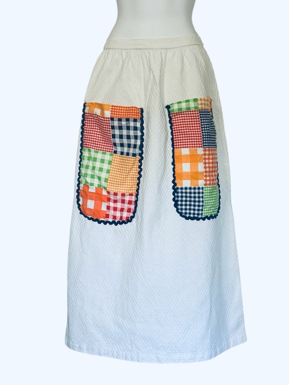 White Patchwork Pocket Americana Maxi Skirt with Gingham Accents